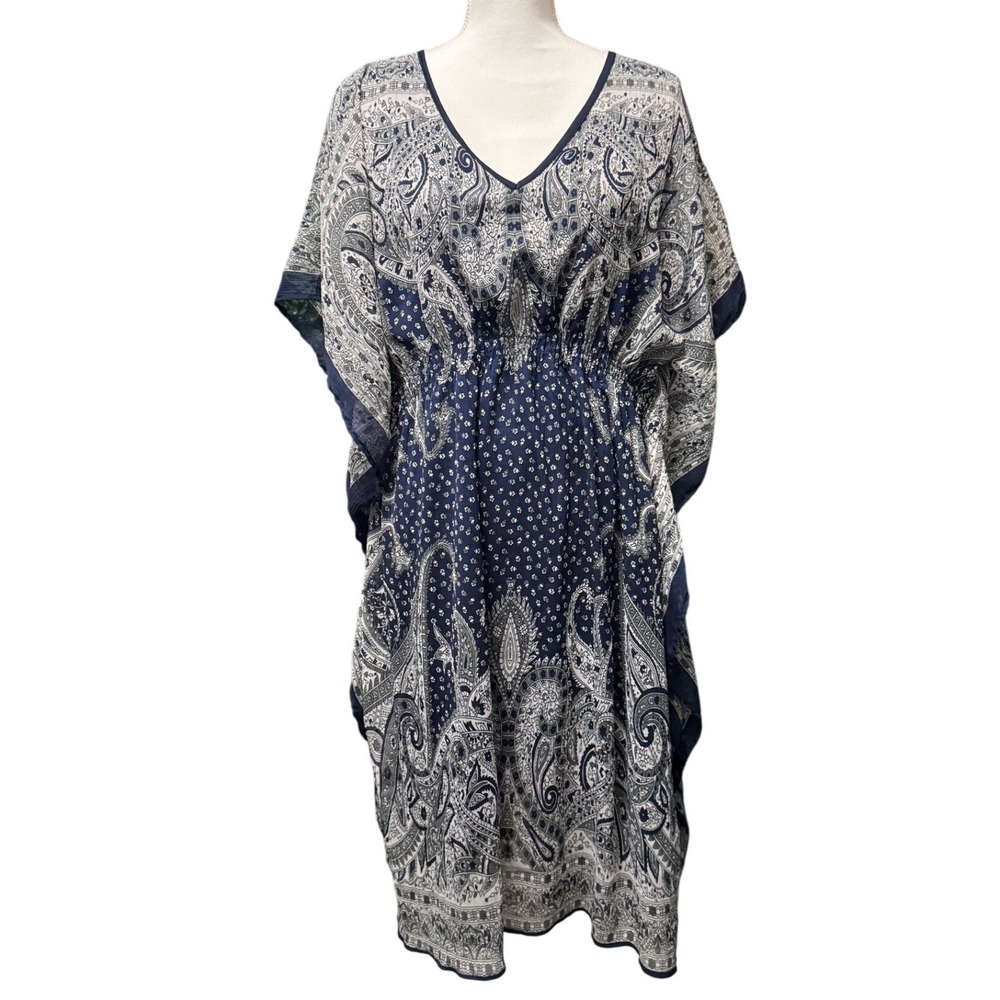 Speed Control New York Navy Paisley Kaftan Dress 2X Boho‎ V Neck Flowy